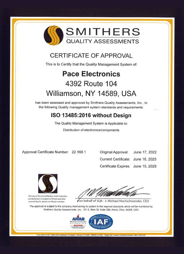 PACE ISO 13485:2016 Certificate