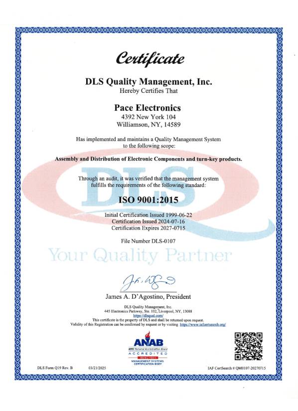 PACE ISO 9001:2015 Certificate